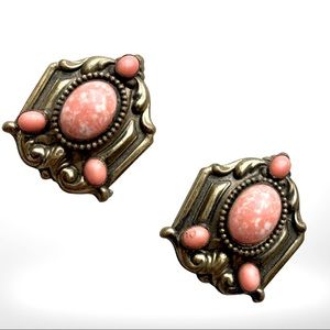 Victorian Scarf or Stole Clips with Coral Stones Antique Jewelry Accessories